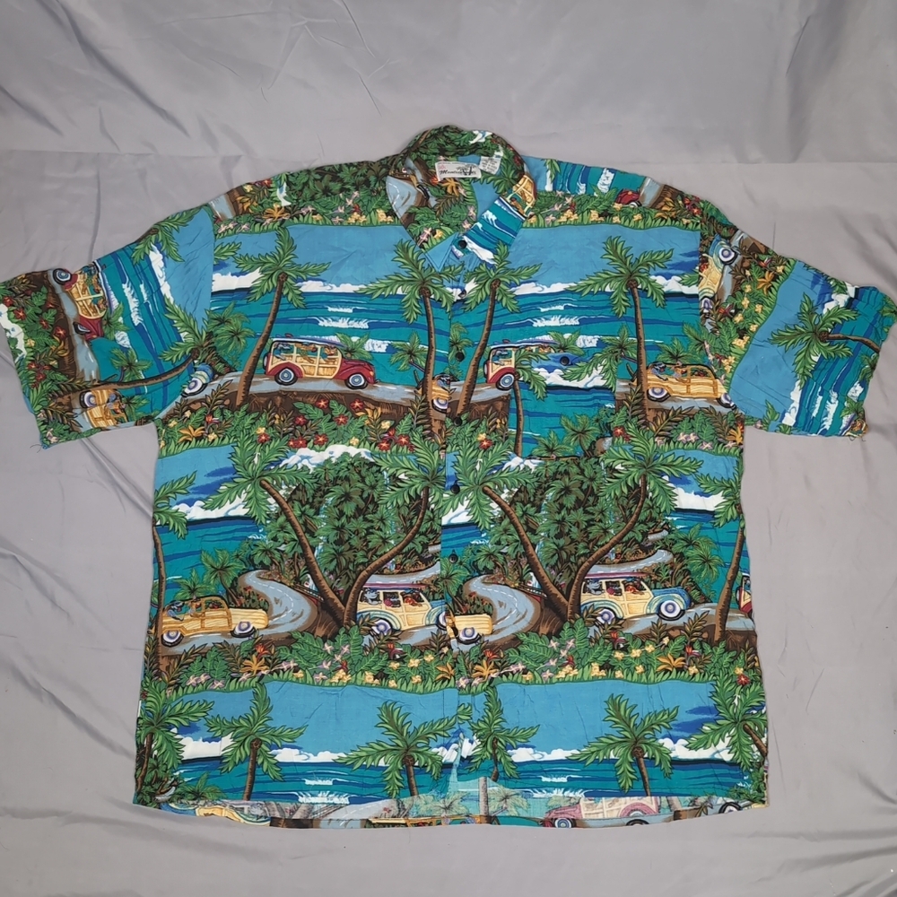 Vintage Monticerutti Hawaiian Tropical Blue Woody Dogs Men Rayon Aloha Shirt XXL